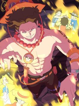 Rule 34 | 3boys, arm tattoo, ascot, black hair, blonde hair, boots, bracelet, brothers, commentary request, fire, freckles, goggles, goggles on headwear, hat, highres, jewelry, log pose, male focus, monkey d. luffy, multiple boys, necklace, one piece, orange hat, pearl necklace, portgas d. ace, pouch, sabo (one piece), short hair, siblings, smile, straw hat, tattoo, thigh pouch, topless male, twitter username, u ta p, white ascot, wind