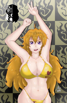 1girl armpits arms_up artist_name bikini blonde_hair breasts cleavage clenched_hand dated highres large_breasts legs long_hair looking_at_viewer lying navel purple_eyes rwby smile solo swimsuit tattoo teeth thighs thong_bikini toned tongue v yang_xiao_long yellow_bikini