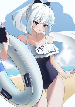 1girl absurdres beach blue_archive blue_one-piece_swimsuit casual_one-piece_swimsuit chyuukaa0124 commentary_request cowboy_shot frilled_one-piece_swimsuit frills highres horizon innertube miyako_(blue_archive) miyako_(swimsuit)_(blue_archive) no_halo ocean off-shoulder_one-piece_swimsuit off_shoulder official_alternate_costume one-piece_swimsuit ponytail purple_eyes solo swim_ring swimsuit two-tone_one-piece_swimsuit white_hair
