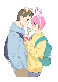 2boys ace_of_diamond animal_ears backpack bag blue_bag blue_hoodie blush chinese_commentary commentary_request crazy_straw cup disposable_cup drinking_straw face-to-face fake_animal_ears from_side green_hair hands_in_pockets heart_straw height_difference heise_wanbaolu holding holding_cup hood hoodie kominato_haruichi kuramochi_youichi long_sleeves male_focus multiple_boys pink_hair rabbit_ears shared_drink shirt sideburns tiger_ears upper_body yaoi yellow_shirt