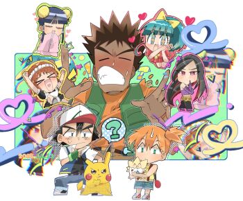 &gt;_&lt; +_+ 2boys 5girls ? arms_up ash_ketchum baseball_cap black_hair blue_hair blush bow brown_hair chibi clenched_teeth closed_eyes dark-skinned_male dark_skin fingerless_gloves gen_1_pokemon gen_2_pokemon gloves green_eyes green_hair hair_bow hat heart heart_in_mouth holding holding_pokemon japanese_clothes kimono long_hair lucy_(pokemon) misty_(pokemon) multicolored_hair multiple_boys multiple_girls nintendo open_mouth orange_hair pants pikachu pokemon pokemon_(creature) ponytail shirt short_hair short_sleeves shorts side_ponytail skirt smile spiked_hair spoken_question_mark suspenders sweatdrop team_rocket teeth temacu_(pokemon) togepi vest