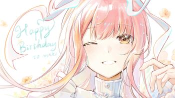 Rule 34 | absurdres, brown eyes, buttons, commentary request, dated, dot nose, dress, english text, fingernails, floral background, flower, frilled dress, frills, grin, hair ribbon, hand up, happy, happy birthday, highres, juliet sleeves, kisaragi 1go, large ribbon, long hair, long sleeves, looking at viewer, nikki (nikki), nikki (series), one eye closed, petals, pink flower, pink hair, portrait, puffy sleeves, qianyimuthyimu, ribbon, smile, solo, turtleneck, turtleneck dress, white background, white dress, white ribbon