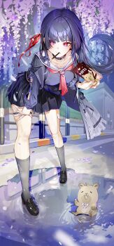 Rule 34 | 1girl, absurdres, arm cutout, artist name, black choker, black hair, black jacket, black serafuku, black shirt, black shoes, black skirt, black socks, breasts, chisa (wuthering waves), choker, clothing cutout, collarbone, commentary, food, food in mouth, hair ribbon, highres, jacket, jelmul, leaning forward, long hair, long sleeves, looking to the side, medium breasts, namipon (wuthering waves), neckerchief, pocky, pocky in mouth, red neckerchief, red ribbon, ribbon, sailor collar, school uniform, serafuku, shirt, shoes, skirt, socks, standing, tacet mark (wuthering waves), thigh strap, thighs, twitter username, white sailor collar, wuthering waves