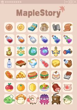 apple axe axe_stump_(maplestory) blue_potion_(maplestory) boned_meat burger cake candy chansui_(ginping0602) cheese cheese_wheel chocolate chocolate_bar commentary_request copyright_name corn_dog drink elixir_(maplestory) food food_focus fruit green_mushroom_(maplestory) hot_dog ice_cream leaf lemon mana_elixir_(maplestory) maplestory meat mixed-language_commentary mushroom no_humans octopus_(maplestory) orange_(fruit) orange_mushroom_(maplestory) orange_potion_(maplestory) pig pig_(maplestory) pixel_art pizza pizza_slice red_potion_(maplestory) slime_(creature) slime_(maplestory) spoon sundae white_potion_(maplestory)