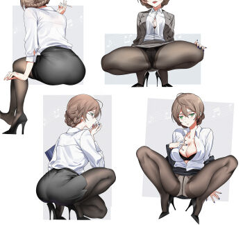 1girl :p ahoge arm_at_side arm_support ass beamed_eighth_notes beamed_sixteenth_notes between_fingers binder black_bra black_footwear black_jacket black_panties black_pantyhose black_skirt blue_nails bra braid breasts brown_hair button_gap cigarette cleavage collarbone collared_shirt crotch_seam dress_shirt eighth_note facing_away floral_print from_behind glasses green_eyes grey_jacket gusset hand_on_own_chest hand_up head_out_of_frame high_heels highres holding holding_cigarette idolmaster idolmaster_million_live! idolmaster_million_live!_theater_days invisible_chair jacket jitome kneeling large_breasts leaning_forward licking licking_finger licking_hand long_sleeves looking_at_viewer looking_back miniskirt multiple_views musical_note nail_polish nakamura_rohane office_lady open_clothes open_jacket open_shirt pale_skin panties panties_under_pantyhose pantyhose pantyshot partially_unbuttoned pencil_skirt sakuramori_kaori shirt shoes short_hair side_slit single_shoe sitting skirt spread_legs squatting stiletto_heels suit_jacket teeth thighband_pantyhose thighs tongue tongue_out unbuttoned unbuttoned_shirt underwear upper_teeth_only upskirt white_panties white_shirt wing_collar