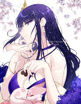 1other 2girls absurdres alternate_costume artist_name bare_shoulders blue_pupils blunt_bangs bracelet breasts candy cherry_blossoms chocolate chocolate_heart cleavage closed_mouth commentary couple dappled_sunlight dress earrings english_commentary falling_petals female_pov food fox fox_girl from_side genshin_impact hair_ornament happy_birthday heart heart-shaped_food highres holding holding_food jewelry katsumi_(katsumissan) large_breasts light_smile long_hair looking_to_the_side multicolored_eyes multiple_girls petals pink_petals pov pov_hands purple_dress purple_eyes purple_hair purple_nails raiden_shogun shade solo_focus sunlight sweets tree_shade wavy_hair white_background yae_miko yae_miko_(fox) yuri