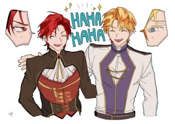 2boys alberu_crossman ascot blonde_hair blue_eyes brown_jacket cale_henituse closed_eyes jacket long_sleeves looking_at_another lout_of_count&#039;s_family male_focus multiple_boys nervous nervous_sweating open_mouth red_eyes red_hair red_jacket sashimi_umasugi shirt short_hair simple_background smile sparkle sweat white_ascot white_background white_jacket white_shirt