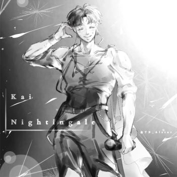 1boy bangle bracelet character_name closed_eyes contrapposto curtained_hair english_text feet_out_of_frame greyscale grin half-heart_hands holding holding_microphone jewelry kai_(shadow_slave) male_focus microphone monochrome shadow_slave short_hair sleeves_rolled_up smile solo star_lantern tunic