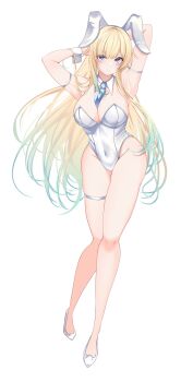 Rule 34 | 1girl, aizawa ema, animal ear hairband, animal ears, arm strap, armpits, arms behind head, arms up, between breasts, blonde hair, blue eyes, blue necktie, breasts, cleavage, closed mouth, contrapposto, covered navel, detached sleeves, fake animal ears, gradient hair, green hair, groin tendon, hairband, high heels, highleg, highleg leotard, highres, large breasts, leotard, long hair, long legs, looking at viewer, multicolored hair, necktie, necktie between breasts, playboy bunny, presenting armpit, pumps, rabbit ear hairband, rabbit ears, shoes, short necktie, simple background, siroha lux, smile, solo, thigh strap, very long hair, virtual youtuber, vspo!, white background, white hairband, white leotard, white shoes, wing collar, wrist cuffs