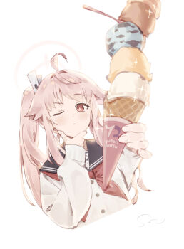 1girl ahoge baskin-robbins blue_archive blue_sailor_collar brand_name_imitation cardigan character_name closed_mouth commentary cropped_torso dot_nose fingernails food foreshortening hair_ornament hairclip halo hand_on_own_chin hands_up highres holding holding_ice_cream_cone ice_cream ice_cream_cone l_hand light_blush long_hair long_sleeves looking_at_viewer multiple_scoops natsu_(blue_archive) neckerchief one_eye_closed outstretched_arm pink_hair pink_halo plastic_spoon red_eyes red_neckerchief sailor_collar sanpo_(sanpo_1027) school_uniform side_ponytail signature simple_background solo sparkle spoon stroking_own_chin too_many too_many_scoops white_background white_cardigan