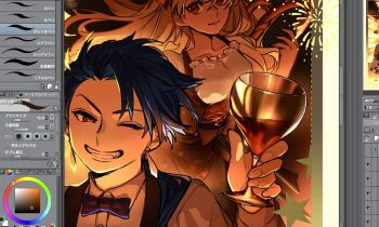 1boy 1girl arm_up art_program_in_frame blonde_hair blue_bow blue_hair bow bowtie closed_mouth collared_shirt commentary corset cross-laced_clothes cu_chulainn_(fate) cup dirndl earrings ereshkigal_(fate) ereshkigal_alter_(event_portrait)_(fate) ereshkigal_alter_(fate) fang fate/grand_order fate_(series) fireworks german_clothes goshiko86g grin hand_up holding holding_cup jewelry light_blush looking_at_viewer one_eye_closed red_eyes setanta_(event_portrait)_(fate) setanta_(fate) shirt smile symbol-only_commentary teeth white_shirt