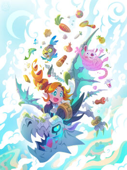 +_+ 1girl aqua_eyes aqua_sclera arms_up bird blush blush_stickers bone_dragon_(fantasy_life) boned_meat bug butterfly carrot character_request cloud colored_eyelashes colored_sclera commentary creature crystal dragon drill_hair drill_ponytail egg english_commentary fantasy_life fantasy_life_i:_the_girl_who_steals_time fish flying food frying_pan gem gold_bar highres insect leaf meat nostrils onion open_mouth orange_hair riding riding_dragon seasheel severed_tail single_drill smile versiris white_eyes