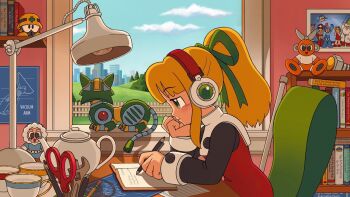 android animal armor beard beat_(mega_man) blonde_hair blue_eyes blue_gloves blue_helmet blue_sky blueprint_(object) blush bodysuit book bookshelf boots bow brown_pants brown_shoes clenched_teeth cup cut_man desk desk_lamp dr._light_(mega_man) dr._wily_(mega_man) dress everyone facial_hair full_body gloves green_bow green_eyes green_ribbon hair_bow hair_ribbon head_rest headset helmet high_ponytail ice_man lab_coat lamp lofi_girl_(youtube) long_beard long_hair long_sleeves mega_man_(character) mega_man_(classic) mega_man_(series) mega_man_v met_(mega_man) non-humanoid_robot old old_man pants parka ponytail proto_man red_dress red_gloves red_helmet ribbon robot robot_animal robot_bird robot_dog robot_girl roll_(mega_man) rush_(mega_man) salute scissors shoes sky smile sprinqgueen studying stuffed_toy tango_(mega_man) teacup teapot teeth writing