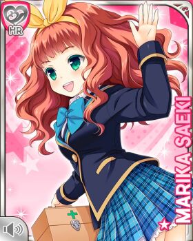 1girl blue_bow blue_jacket bow button character_name cowboy_shot curly_hair first_aid_kit girlfriend_(kari) green_eyes hair_bow holding jacket looking_to_the_side medium_hair official_art open_mouth pink_background plaid_clothes plaid_skirt qp:flapper red_hair ribbon saeki_marika school_uniform shirt skirt smile standing tagme white_shirt yellow_ribbon