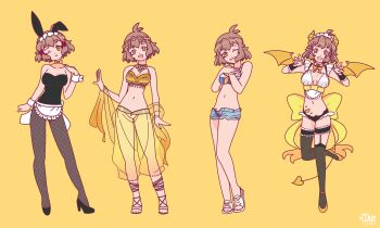 1girl absurdres alternate_costume animal_ears antenna_hair apron artist_logo bat_wings bikini black_leotard black_pantyhose black_shoes black_thighhighs blue_bikini blue_shorts breasts brown_eyes brown_hair collarbone commentary costume_chart demon_girl fake_animal_ears fishnet_pantyhose fishnets frilled_apron frilled_headwear frills harem_outfit high_heels highres irielewd jewelry kawaii_kaiwai leotard logo looking_at_viewer maid_apron maid_headdress multiple_views navel one_eye_closed open_fly open_mouth pantyhose playboy_bunny rabbit_ears sandals senki_zesshou_symphogear shoes short_hair short_shorts shorts strapless strapless_leotard swimsuit tachibana_hibiki_(symphogear) thigh_strap thighhighs white_apron wings wrist_cuffs yellow_background