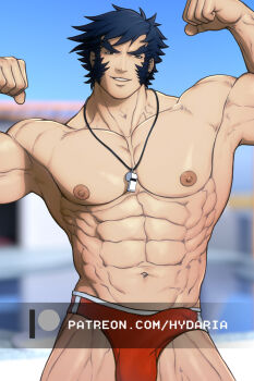 Rule 34 | 1boy, abs, adam's apple, bara, beach, blue hair, bulge, cowboy shot, dark blue hair, double biceps pose, erection, erection under clothes, facial hair, flexing, huge eyebrows, hydaria, justice gakuen, large pectorals, lifeguard, looking at viewer, male focus, male swimwear, mature male, muscular, muscular male, mutton chops, navel, nekketsu hayato, nipples, paid reward available, pectorals, red male swimwear, short hair, solo, stomach, swim briefs, topless male, watermark, whistle, whistle around neck