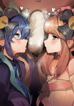 1boy 2girls absurdres aqua_eyes aromage_rosemary aromalilith_rosalina aromalilith_rosemary aroused bare_shoulders blue_hair blush brown_hair bulge dress duel_monster erection erection_under_clothes female_pervert green_eyes heart heavy_breathing highres long_hair looking_at_penis multiple_girls necktie open_mouth pervert ro_g_(oowack) sidelocks smelling smelling_penis steam steaming_body sweat tongue tongue_out underwear upper_body yu-gi-oh!