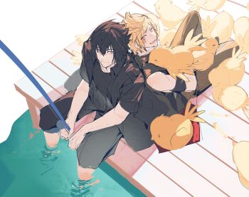 2boys arm_ribbon back-to-back bare_shoulders bird black_hair black_jacket black_ribbon black_shirt black_shoes black_vest blonde_hair chocobo commentary_request dock final_fantasy final_fantasy_xv fishing fishing_rod from_above hair_between_eyes highres holding holding_fishing_rod humidifier_xd jacket light_smile male_focus multiple_boys noctis_lucis_caelum open_mouth prompto_argentum ribbon sharp_teeth shirt shoes short_hair sitting smile soaking_feet swept_bangs teeth vest