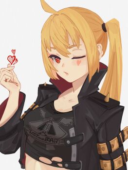 1girl ahoge black_jacket black_shirt blonde_hair blush breasts collarbone commentary crop_top english_commentary facial_mark finger_heart heart heart_facial_mark highres jacket long_hair looking_at_viewer luciana_de_montefio one_eye_closed parted_lips red_eyes shirt shoulder_spikes side_ponytail simple_background small_breasts solo sparkling_eyes spiked_jacket spikes torn_clothes torn_shirt upper_body white_background yatta_puvuk zenless_zone_zero