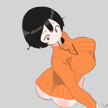 Rule 34 | 1girl, akisas99, artist name, ass, black hair, blush, breasts, cropped legs, eyewear in mouth, glasses, grey background, grey eyes, large breasts, long sleeves, mouth hold, no pants, orange sweater, panties, ribbed sweater, scooby-doo (series), short hair, smile, solo, sweater, underwear, velma dinkley, white panties