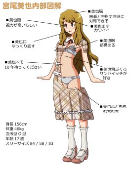 1girl bad_source black_ribbon bobby_socks bow bow_bra bow_panties bra breasts brown_dress brown_eyes brown_hair collared_dress commentary crotch_seam dress frilled_sleeves frills full_body grey_bra grey_panties grey_shoes high_heels highres idolmaster idolmaster_million_live! lace lace-trimmed_bra lace_trim lielos long_hair medium_breasts medium_dress miyao_miya navel neck_ribbon open_mouth panties plaid_clothes plaid_dress pointing_out_the_details pumps ribbon shoes short_sleeves smile socks solo standing translated underwear white_background white_socks x-ray