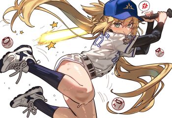 1girl :t absurdres alternate_costume anger_vein ankle_socks artoria_caster_(fate) artoria_pendragon_(fate) bad_link baseball baseball_bat baseball_cap baseball_uniform belt belt_buckle black_belt black_sleeves black_socks blonde_hair blue_hat buckle ebora fate/grand_order fate_(series) floating_hair glowing glowing_weapon green_eyes hair_between_eyes hat highres holding holding_baseball_bat layered_sleeves long_hair long_sleeves melusine_(fate) playing_sports pout shirt shoes short_over_long_sleeves short_sleeves shorts sidelocks simple_background sneakers socks solo spoken_anger_vein sportswear sweat twintails v-shaped_eyebrows very_long_hair weapon white_background white_shirt white_shorts
