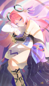 1girl absurdres aki_maple backless_leotard black_gloves black_leotard blue_eyes breasts citlali_(genshin_impact) citlalin_(genshin_impact) closed_mouth commentary_request facial_mark feet_out_of_frame fingerless_gloves fingernails floating_headgear genshin_impact gloves headgear highres hugging_object leotard long_hair looking_at_viewer lying medium_breasts nail_polish on_side pillow pink_hair pink_pupils purple_nails solo teardrop_facial_mark very_long_hair