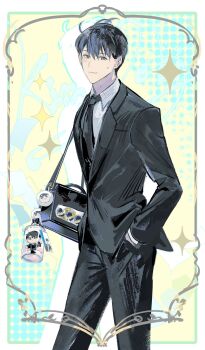 1boy absurdres bag black_coat black_eyes black_hair black_necktie black_vest border character_charm charm_(object) coat collared_shirt cowboy_shot drop_shadow halftone hands_in_pockets highres kim_dokja lantercat looking_at_viewer male_focus necktie omniscient_reader&#039;s_viewpoint ornate_border pastel_colors shirt short_hair shoulder_bag smile solo sparkle sweatdrop vest white_shirt yoo_joonghyuk