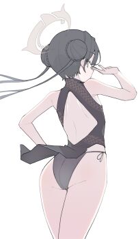 1girl ass black_hair blue_archive blue_eyes chinese_clothes cowboy_shot dress from_behind halo hand_on_own_hip kisaki_(blue_archive) panties s10021 side-tie_panties solo twintails underwear white_background