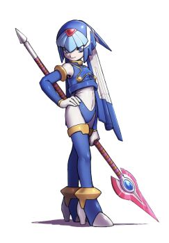 1girl android armor blue_armor blue_eyes blue_helmet blue_thighhighs crop_top fairy_leviathan_(mega_man) fins forehead_jewel gem hand_on_own_hip head_fins helmet high_heels highres holding holding_polearm holding_weapon humanoid_robot mega_man_(series) mega_man_zero_(series) nakayama_tooru_(style) noro_zt official_style polearm robot robot_girl simple_background solo standing thighhighs weapon white_background