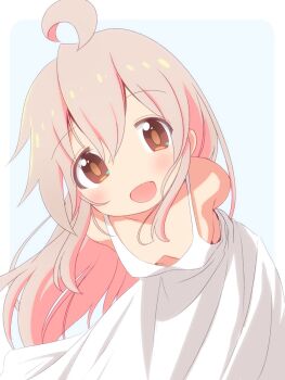 Rule 34 | 1girl, :d, ahoge, arms behind back, blue background, breasts, brown eyes, commentary, downblouse, dress, hair between eyes, highres, jacket, leaning forward, light blush, long hair, onii-chan wa oshimai!, open clothes, open jacket, open mouth, oyama mahiro, pink hair, simple background, sleeveless, sleeveless dress, small breasts, smile, solo, spaghetti strap, sundress, unkimo, white dress