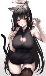 Rule 34 | 1girl, absurdres, alternate costume, animal ears, at congju, black dress, black hair, black thighhighs, blue archive, blush, breasts, cat cutout, cat ears, cat tail, claw pose, cleavage, cleavage cutout, clothing cutout, dress, fingernails, halo, highres, kemonomimi mode, large breasts, long fingernails, long hair, looking at viewer, nail polish, red eyes, rio (blue archive), simple background, sleeveless, sleeveless dress, solo, tail, thighhighs, very long hair, white background, zettai ryouiki
