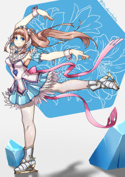 1girl absurdres armpits arms_up bare_arms blue_eyes breasts brown_hair closed_mouth commentary_request dancing dr_deroboku felicia_(fire_emblem) felicia_(ice)_(fire_emblem) figure_skating fire_emblem fire_emblem_fates fire_emblem_heroes floating_hair highres ice ice_skates ice_skating leg_up long_hair looking_at_viewer maid_headdress medium_breasts nintendo official_alternate_costume pink_hair ponytail sideboob skates skating smile solo twitter_username very_long_hair