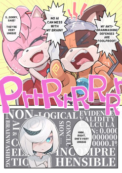 3girls amy_rose badger brown_fur brown_hair child collar dress english_text fang hair_tie hairband hedgehog loli medium_hair multiple_girls orange_fur orange_hair pink_fur pink_hair pointing red_dress sage_(sonic) skirt sonic_(series) sonic_boom_(series) sonic_frontiers sticks_the_badger strapless sweatdrop tribal tube_top twintails white_dress white_hair