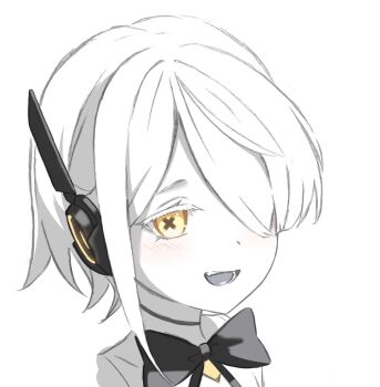 1girl black_bow blue_archive blush bow colored_skin commentary_request eevee_chan hair_over_one_eye highres looking_at_viewer one_eye_covered open_mouth short_hair simple_background smile sof_(blue_archive) solo symbol-shaped_pupils white_background white_hair white_skin white_tongue x-shaped_pupils yellow_eyes