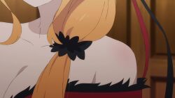 2girls animated anime_screenshot armpits bandaged_arm bandages black_garter_straps black_panties black_sleeves black_thighhighs blonde_hair blush bouncing_breasts braid breast_awe breasts cleavage closed_eyes clothes_pull collarbone convenient_censoring covering_own_eyes dark-skinned_female dark_skin detached_sleeves dress dress_pull earrings garter_straps hair_censor hair_ornament hair_over_breasts hair_scrunchie highres jewelry large_breasts liliana_masquerade lips long_hair looking_at_breasts multiple_girls navel no_bra open_mouth orange_eyes orange_hair out-of-frame_censoring panties priscilla_barielle pulling_own_clothes re:zero_kara_hajimeru_isekai_seikatsu red_dress red_eyes scrunchie sidelocks smile sound star-shaped_pupils star_(symbol) stomach symbol-shaped_pupils tagme thighhighs topless_female twintails underwear undressing unworn_scrunchie video