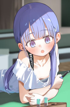 1girl absurdres bare_shoulders blush breasts collarbone hair_ornament hairclip hayakawa_sena_(pei_iriya) highres loli long_hair low_twintails off_shoulder open_mouth original pei_iriya pen purple_eyes purple_hair shirt small_breasts solo test_tube twintails white_shirt