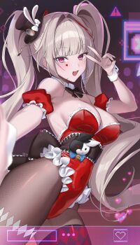 Rule 34 | 1girl, absurdres, adapted costume, alternate costume, arm cuffs, artist name, black bow, black bowtie, black hat, black sash, blush, bow, bowtie, breasts, brown pantyhose, commentary, covered navel, cowboy shot, detached collar, facial mark, frilled leotard, frills, hair intakes, hat, hat ornament, heart, heart facial mark, highres, honkai: star rail, honkai (series), idasu (hyun9164), leotard, long hair, looking at viewer, medium breasts, mini hat, mini top hat, multicolored hair, open mouth, pantyhose, pink eyes, playboy bunny, rabbit hat ornament, red hair, red leotard, sash, solo, sparkle (honkai: star rail), sparxie (honkai: star rail), strapless, strapless leotard, streaked hair, symbol-only commentary, top hat, twintails, two-tone hair, v, white hair, wrist cuffs