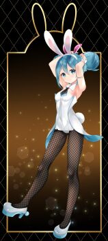 animal_ear_hairband animal_ears aqua_eyes black_necktie black_pantyhose blurry bokeh braid bun_with_braided_base closed_mouth collar commentary_request depth_of_field detached_collar double_bun fake_animal_ears fake_tail fishnet_pantyhose fishnets full_body grey_shoes hair_between_eyes hair_bun hairband hatsune_miku highres leotard long_legs necktie pantyhose playboy_bunny pom_pom_(clothes) rabbit_ear_hairband rabbit_ears rabbit_tail shoes smile standing tail vocaloid white_collar white_hairband white_leotard white_wrist_cuffs wrist_cuffs yuni_(irohasuiroiro)