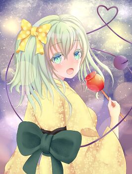 Rule 34 | 1girl, alternate costume, back bow, blush, bow, breasts, c fuu-chan ccko, candy apple, commentary request, floral print, floral print kimono, food, from behind, green bow, green eyes, green hair, hair between eyes, hair bow, heart, heart of string, highres, holding, holding candy apple, holding food, japanese clothes, kimono, komeiji koishi, lens flare, long sleeves, looking at viewer, looking back, medium breasts, medium hair, open mouth, polka dot, polka dot bow, print kimono, solo, third eye, touhou, upper body, wide sleeves, yellow bow, yellow kimono