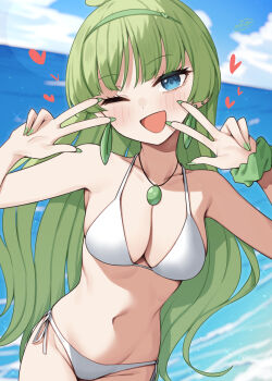 1girl beach bikini binsen blue_eyes breasts collarbone day double_w earrings fingernails green_hair green_hairband green_nails green_scrunchie hairband hands_up heart highres hoop_earrings idolmaster idolmaster_million_live! jewelry long_fingernails long_hair looking_at_viewer nail_polish navel necklace one_eye_closed open_mouth outdoors scrunchie shimabara_elena side-tie_bikini_bottom smile solo standing swimsuit w white_bikini wrist_scrunchie