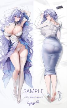1girl absurdres alternate_breast_size_(larger) alternate_costume arm_up armpits ass asymmetrical_legwear bare_shoulders blue_eyes blue_flower bra_visible_through_clothes breasts cantarella_(wuthering_waves) cleavage commentary dakimakura_(medium) dress earrings english_commentary facial_mark feet flower groin hair_between_eyes hair_flower hair_ornament hair_up hand_on_own_chest headdress highres huge_breasts jewelry legwear_cutout long_hair long_skirt looking_at_viewer looking_back mark_under_eye mole mole_under_eye multiple_views nail_polish off-shoulder_shirt off_shoulder panties panties_visible_through_clothes panty_pull pillow purple_hair purple_nails purple_skirt sample_watermark shirt shoes shrug_(clothing) signature single_bare_foot single_sock single_thighhigh skirt socks soles thighhighs thighs toes tongue tongue_out underwear uneven_legwear very_long_hair watermark white_dress white_panties white_shirt white_shoes white_shrug white_socks wuthering_waves yujin_(sexyjjuggumi)
