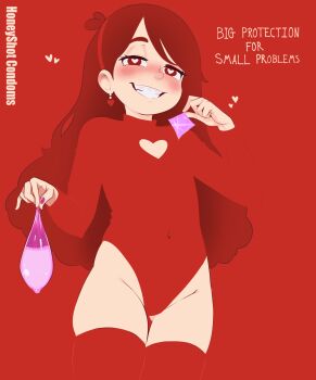 1girl blending blush cleavage_cutout clothing_cutout condom condom_wrapper earrings english_text fake_ad flat_chest gluteal_fold gravity_falls groin heart heart-shaped_pupils highres holding holding_condom honeyshot jewelry leotard long_hair looking_at_viewer mabel_pines naughty_face open_mouth red_background red_eyes red_leotard red_theme red_thighhighs simple_background smile solo symbol-shaped_pupils teeth thighhighs used_condom