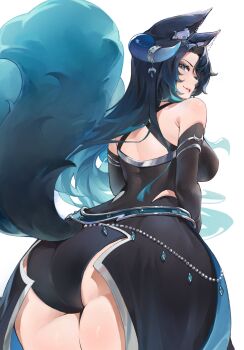 Rule 34 | 1girl, animal ear fluff, animal ears, ass, black dress, black hair, blue horns, blue tail, breasts, commentary, commission, crescent, dress, english commentary, grey eyes, highres, horn ornament, horns, indie virtual youtuber, kitsu moonvale, long hair, looking back, median furrow, parted lips, solo, tail, virtual youtuber, white background, yoshiii