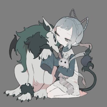 1girl absurdres animal animal_ears animal_nose barefoot bat_wings black_eyes black_fur black_tail blue_collar blue_hair blue_sleeves body_fur braid claws collar creature crown_braid fiery_tail fire flame-tipped_tail fluffy freckles green_eyes green_fur grey_background grey_eyes grey_fur grey_tunic hamlot_(livly_island) highres holding holding_creature hug livly livly_island long_sleeves looking_at_another looking_at_creature looking_back monster moon_(symbol) one_eye_closed pale_skin pointy_ears short_hair spotted_fur tail three-toned_fur tunic two-tone_fur volf_(livly_island) white_fur wings wolf wolf_ears wolf_paws yy_livly