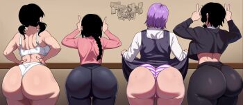 4girls absurdres animated ass black_hair braid braided_ponytail chainsaw_man fami_(chainsaw_man) highres huge_ass long_hair looking_back merurava mifune_fumiko mitaka_asa multiple_girls nayuta_(chainsaw_man) partially_undressed ponytail rubyredva sound tagme video voice_actor