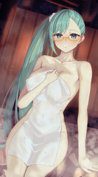 .live 1girl absurdres aqua_eyes aqua_hair arm_support breasts collarbone commentary_request gyo_hasu highres kagura_suzu_(.live) long_hair looking_at_viewer naked_towel nude onsen ponytail semi-rimless_eyewear sitting smile solo steam towel under-rim_eyewear virtual_youtuber yellow-framed_eyewear