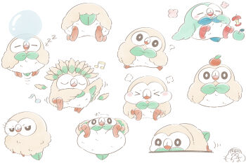 Rule 34 | > <, alternate color, apple, apple core, apple on head, bird, bright pupils, closed eyes, commentary request, food, fruit, gen 7 pokemon, green apple, head tilt, mochimaro (infj oekaki), multiple views, musical note, nintendo, no humans, nose bubble, open mouth, owl, pokemon, pokemon (creature), rowlet, shiny pokemon, simple background, sleeping, turning head, white background, white pupils, zzz