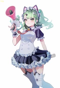 1girl absurdres animal_ear_hairband animal_ears bell black_dress blush breasts cat_ear_hairband cat_ears closed_mouth commentary_request cowboy_shot dress fake_animal_ears frilled_sleeves frills garter_straps ghost_hair_ornament green_eyes green_hair hair_ornament hairband hand_up highres holding holding_megaphone layered_dress looking_at_viewer maid maid_headdress megaphone multiple_hair_clips neck_bell necktie nekomiya_mint official_alternate_costume ponytail red_necktie simple_background small_breasts solo sunna_(afternoon_tea_break)_(zenless_zone_zero) sunna_(zenless_zone_zero) white_background zenless_zone_zero