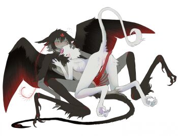 1boy 1girl animal_ears animal_penis bird_legs black_feathers black_tail black_wings blush body_fur brown_fur brown_hair closed_eyes cuddling feathers forehead_jewel full_body gem grey_fur hand_on_another&#039;s_chest hand_on_another&#039;s_head harpy harpy_boy hetero highres jejejunum looking_to_the_side monster_boy monster_girl multicolored_fur multicolored_wings original penis pest_(jejejunum) pink_gemstone precum pussy red_feathers red_wings ribs secret_(jejejunum) simple_background spirit white_background white_fur white_tail wings